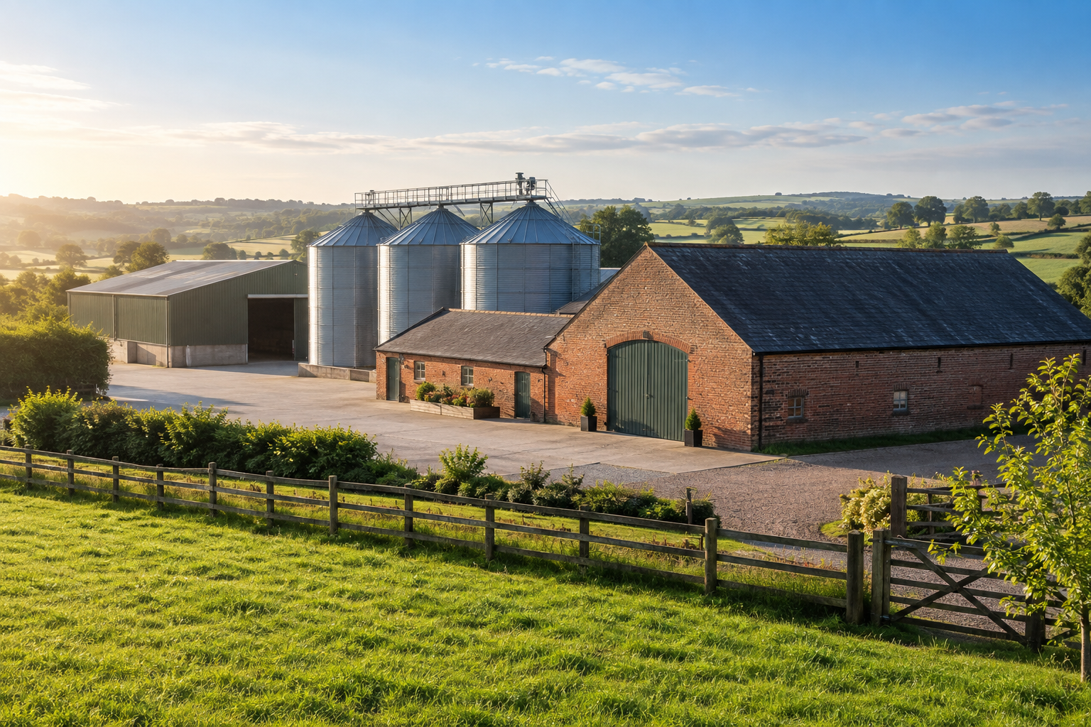 A well-managed British farm with grain storage